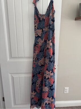 Lulu's Navy Maxi Dress with Pink and Coral Floral Print